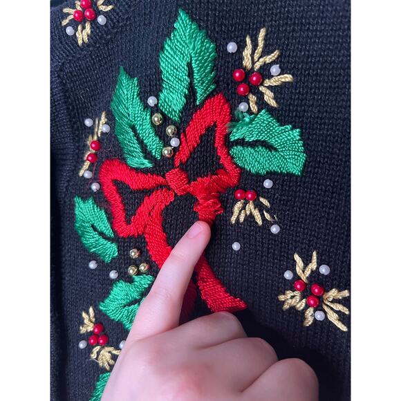 1990s BP Design Holly Gold Green Red Christmas Maximalist Bows Glam Cardigan M - Picture 6 of 8